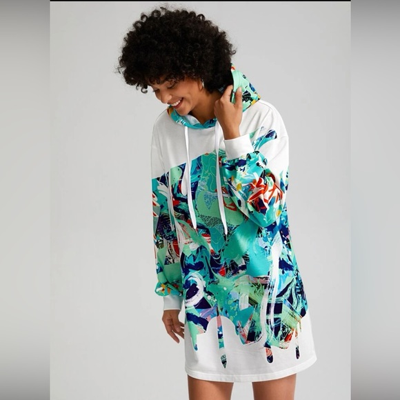 EQURIS Graphic Print Drop Shoulder Drawstring Hoodie Dress - Picture 5 of 5